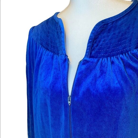 VINTAGE Rainbow Fashions Womens Bathrobe Blue Velvety Velore Zippered Size Large - Picture 7 of 12